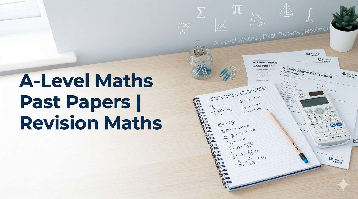 A-Level Maths past papers and revision materials on a clean educational blog banner