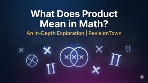 Mathematical product concept illustration showing × symbols, ∏ notation, and geometric shapes on blue gradient background for RevisionTown math guide.