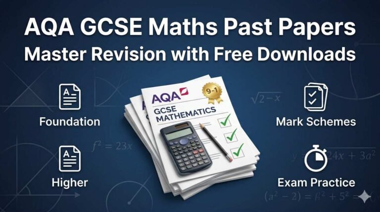 Professional banner for AQA GCSE Maths past papers and revision resources with exam sheets and calculator.