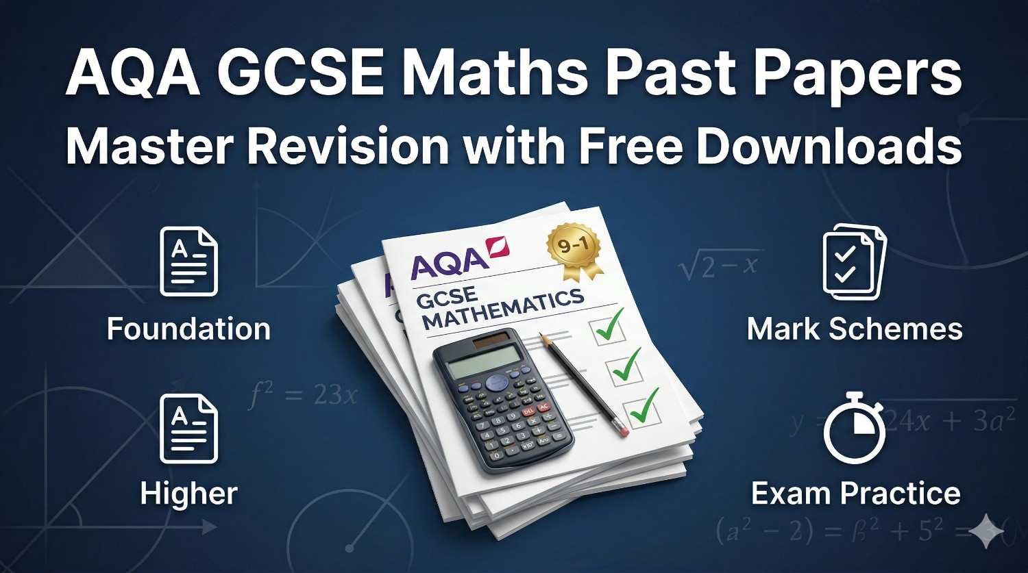 Professional banner for AQA GCSE Maths past papers and revision resources with exam sheets and calculator.