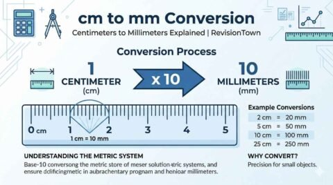 cm to mm conversion chart showing how 1 centimeter equals 10 millimeters, educational metric unit guide by RevisionTown