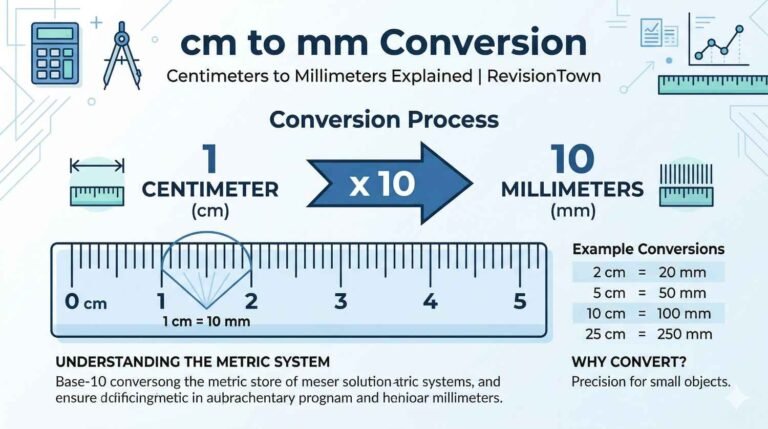 cm to mm conversion chart showing how 1 centimeter equals 10 millimeters, educational metric unit guide by RevisionTown
