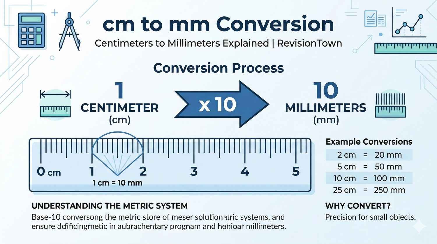 cm to mm conversion chart showing how 1 centimeter equals 10 millimeters, educational metric unit guide by RevisionTown