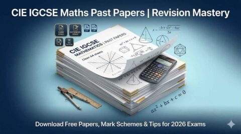 CIE IGCSE Maths past papers revision banner with exam sheets, equations and 0580/0980 tips for students