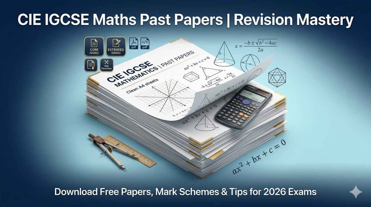 CIE IGCSE Maths past papers revision banner with exam sheets, equations and 0580/0980 tips for students