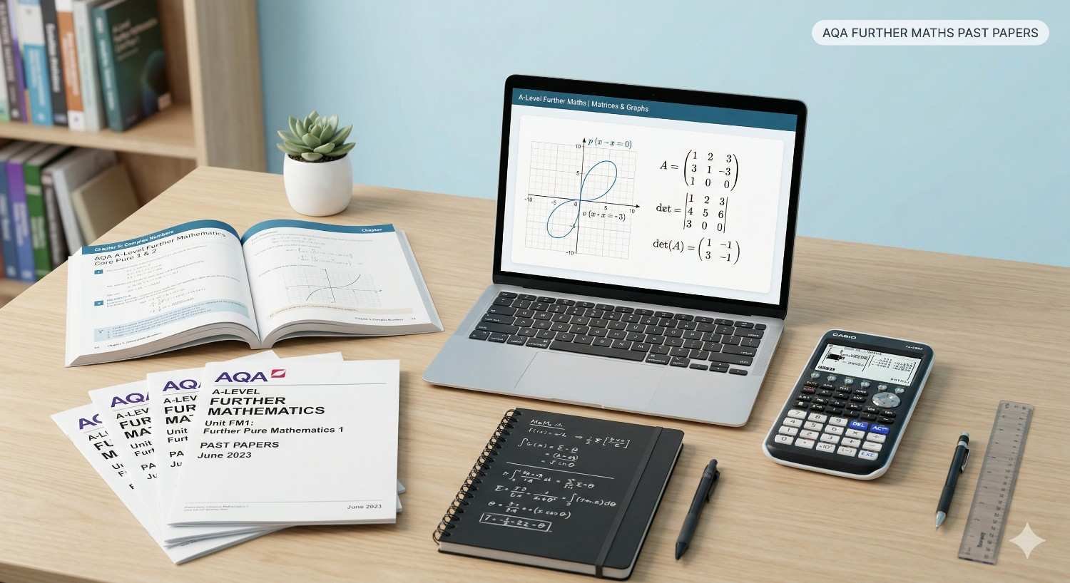 AQA A‑Level Further Maths past papers and revision materials on a study desk with laptop, calculator, and graphs for students preparing for exams.