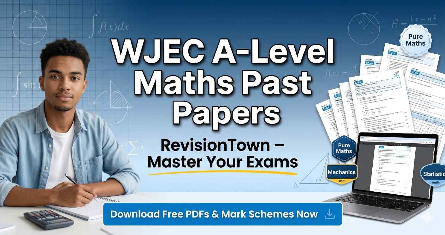 Professional WJEC A-Level Maths past papers graphic for RevisionTown blog – exam prep resources, mark schemes, Pure Maths, Mechanics, Statistics practice.