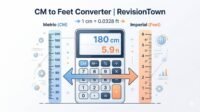 Illustration of a CM to Feet Converter by RevisionTown showing metric to imperial measurement tools
