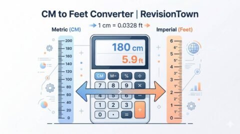 Illustration of a CM to Feet Converter by RevisionTown showing metric to imperial measurement tools