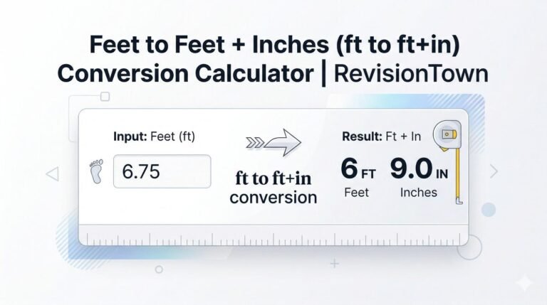 Professional feature image showing a feet to feet-and-inches (ft to ft+in) conversion calculator with modern design and measurement tools for RevisionTown blog.