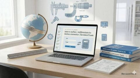 Millimeters to inches converter illustration showing ruler and units with RevisionTown branding