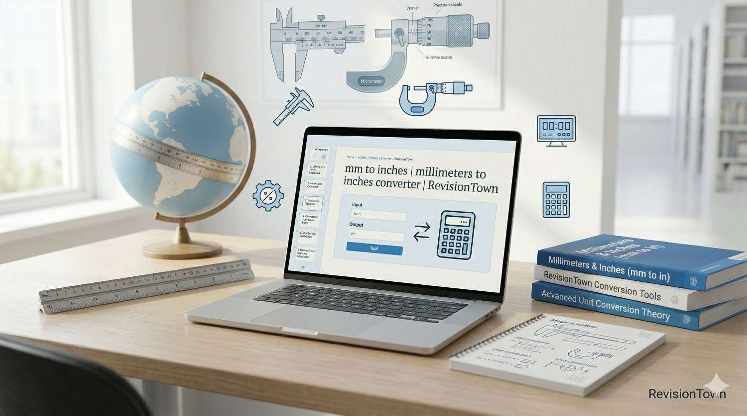Millimeters to inches converter illustration showing ruler and units with RevisionTown branding