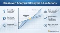 Infographic showing breakeven analysis chart with strengths like simplicity and limitations like static assumptions for RevisionTown business revision guide.
