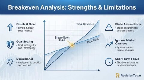 Infographic showing breakeven analysis chart with strengths like simplicity and limitations like static assumptions for RevisionTown business revision guide.