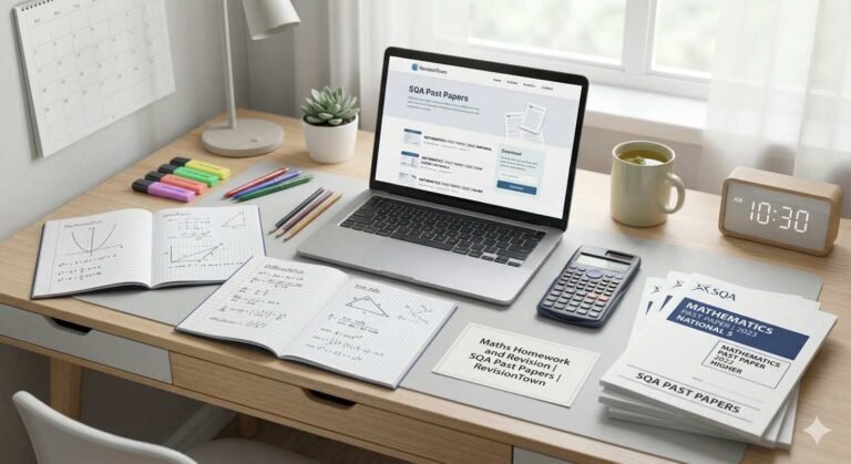 Student desk with math homework, SQA past papers, and laptop for RevisionTown study post
