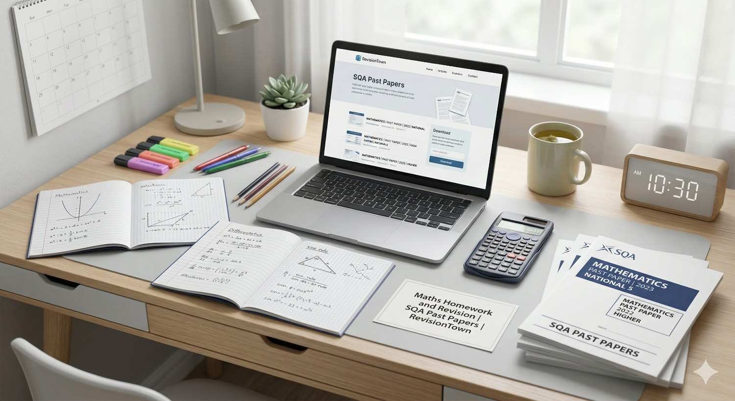 Student desk with math homework, SQA past papers, and laptop for RevisionTown study post