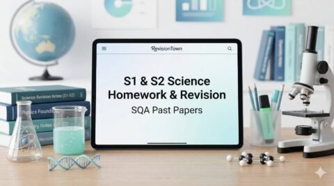 S1 and S2 Science homework and revision banner featuring textbooks, molecules, and SQA past papers on a study desk for RevisionTown.