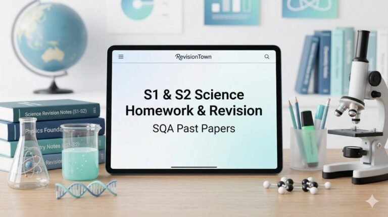 S1 and S2 Science homework and revision banner featuring textbooks, molecules, and SQA past papers on a study desk for RevisionTown.