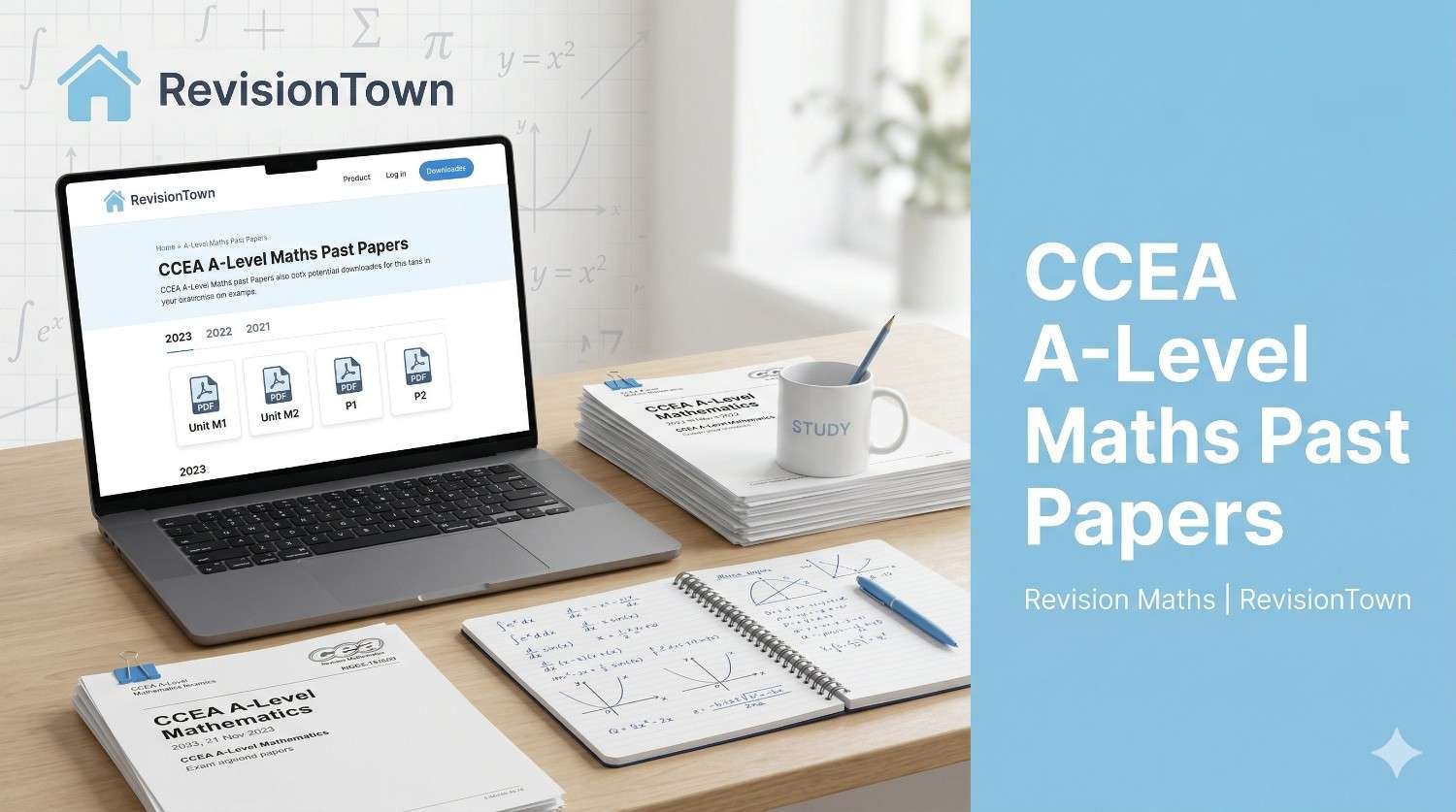 CCEA A-Level Maths Past Papers and RevisionTown study guide on laptop screen with printed exam papers.