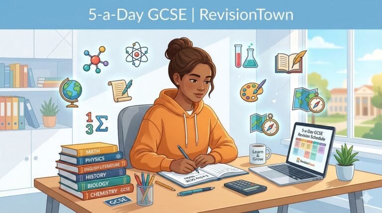 Student revising daily GCSE questions on laptop and books for 5‑a‑Day study routine by RevisionTown