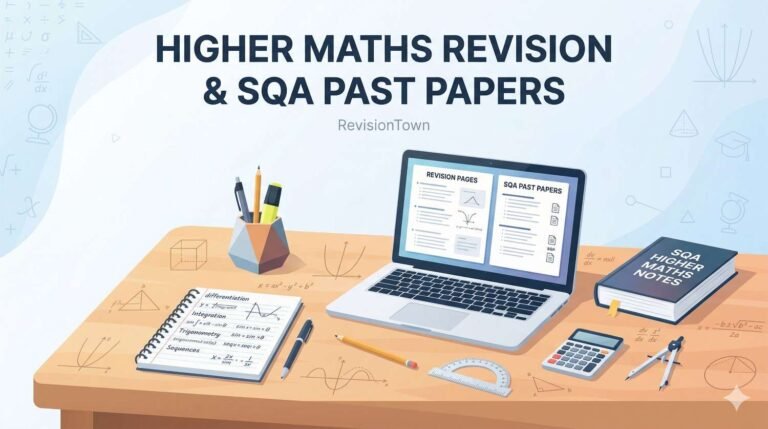 Student workspace with notebooks, laptop, and maths formulas for Higher Maths revision and SQA past papers — educational preparation for exams at RevisionTown.