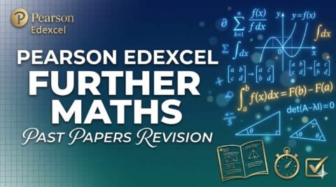 Pearson Edexcel Further Maths past papers revision guide featuring exam equations and Core Pure Mathematics concepts for A-Level success.