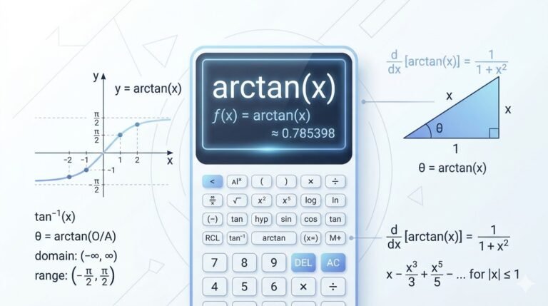Arctan(x) calculator interface with math graph and inverse tangent formula illustration for educational blog post