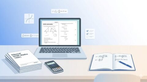 “Edexcel GCSE Maths past papers on a desk with laptop, calculator, and revision notes for GCSE Maths revision.”