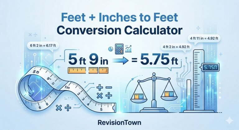 Feet+Inches to Feet conversion calculator by RevisionTown showing ruler and measurement tools on a clean modern background