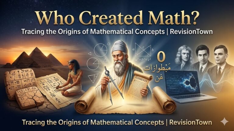 Infographic timeline tracing math origins from Babylonian tablets and Egyptian hieroglyphs to Greek geometry, Indian zero, and modern computing for RevisionTown blog.