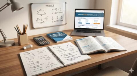 Student studying maths homework and revision for National 3 course with books, notes, and calculator on desk – educational image for RevisionTown blog.