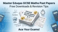 Professional banner for Eduqas GCSE Maths 9-1 past papers and revision maths resources, featuring exam sheets, formulas, and study tips for foundation and higher tiers.