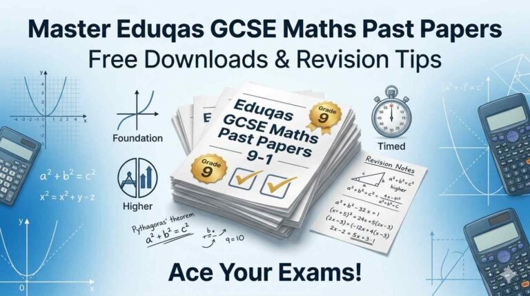 Professional banner for Eduqas GCSE Maths 9-1 past papers and revision maths resources, featuring exam sheets, formulas, and study tips for foundation and higher tiers.