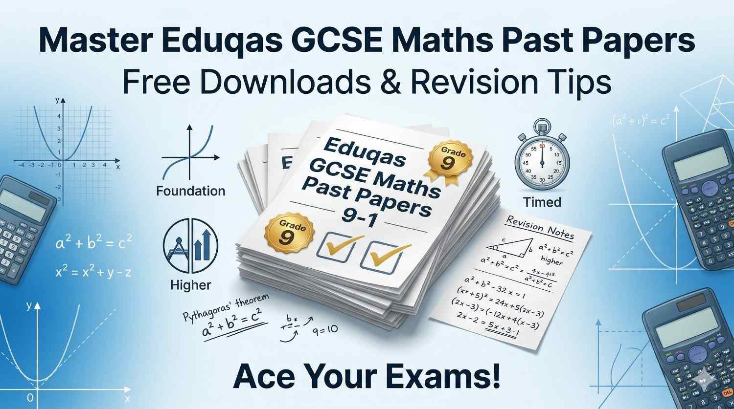 Professional banner for Eduqas GCSE Maths 9-1 past papers and revision maths resources, featuring exam sheets, formulas, and study tips for foundation and higher tiers.
