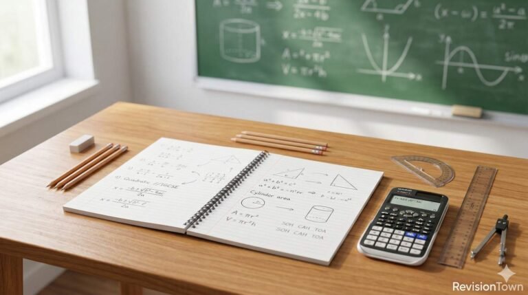 Student’s math notebook with formulas, calculator, and geometry tools for National 4 Mathematics revision.