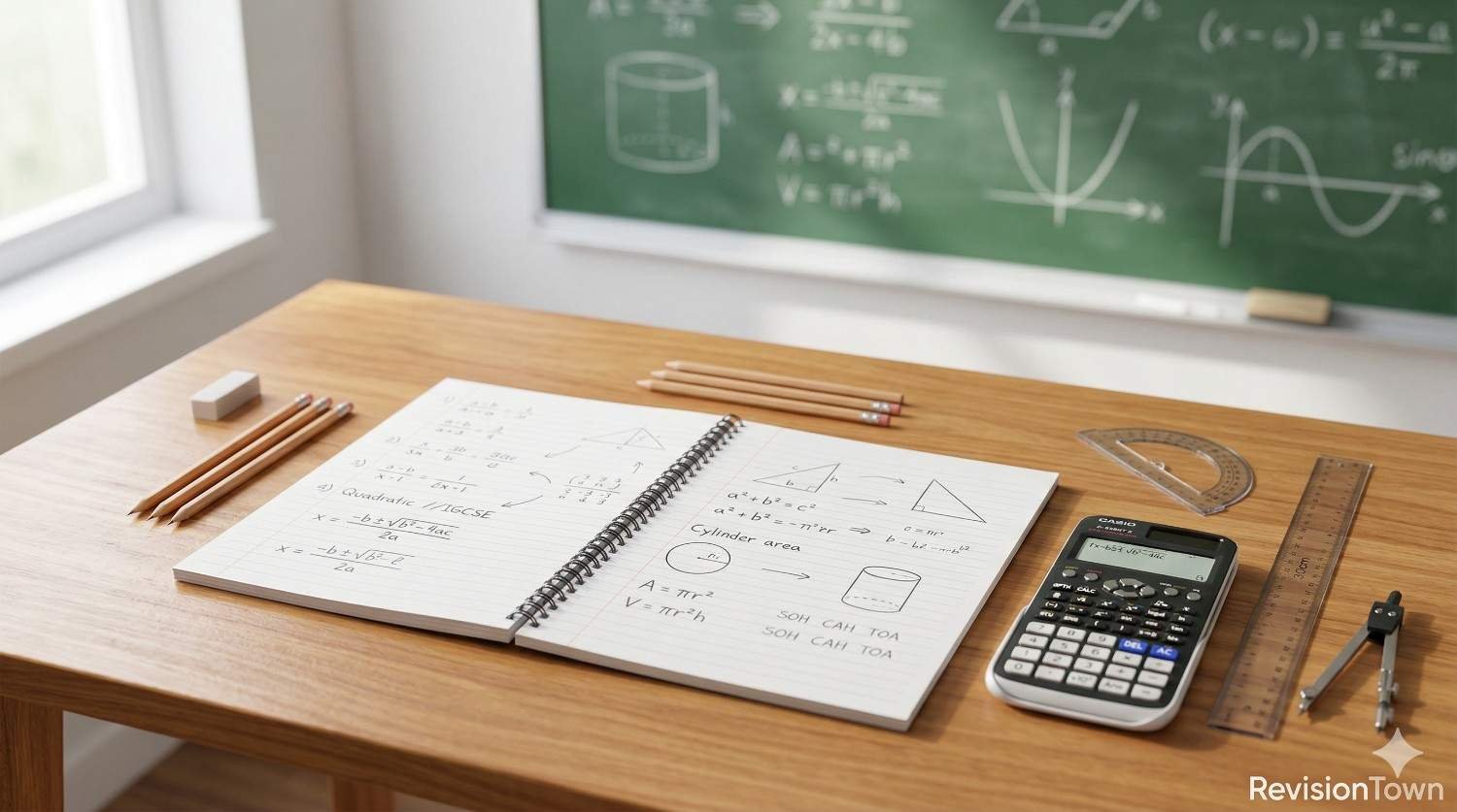 Student’s math notebook with formulas, calculator, and geometry tools for National 4 Mathematics revision.