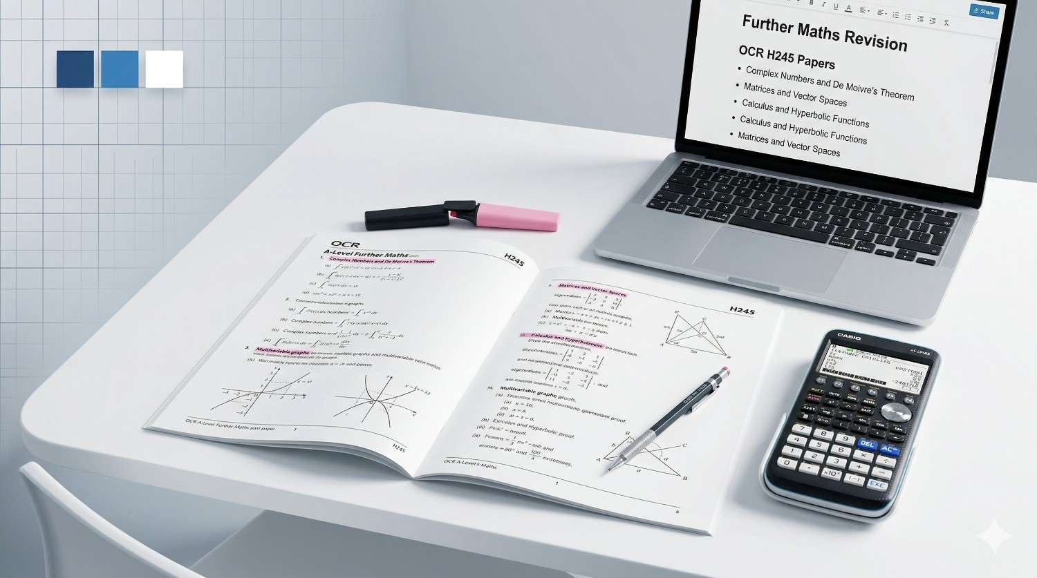 OCR A-Level Further Maths past papers on desk with calculator for revision maths exam prep