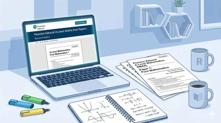 Pearson Edexcel A-Level Maths past papers and revision study setup on a desk | RevisionTown