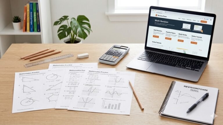 Mathematics practice sheets with equations, graphs, and geometry on a study desk for RevisionTown blog.