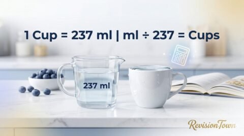 Precise ml to cups conversion chart showing 237 ml water equaling 1 US cup on marble surface, RevisionTown kitchen guide
