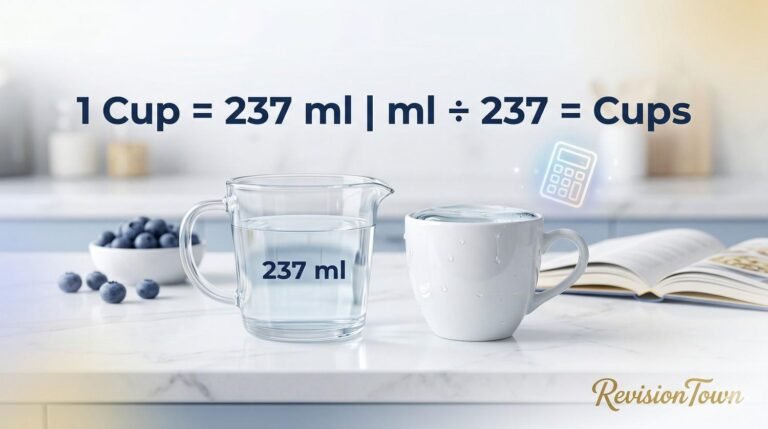 Precise ml to cups conversion chart showing 237 ml water equaling 1 US cup on marble surface, RevisionTown kitchen guide