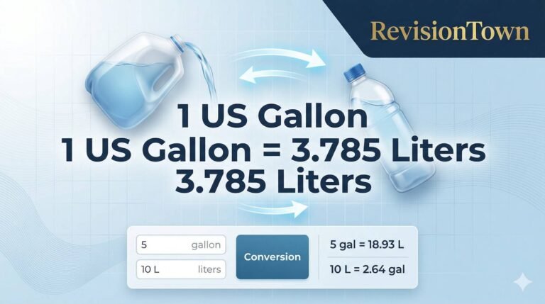Gallons to liters conversion calculator infographic: 1 US gallon equals 3.785 liters, RevisionTown guide