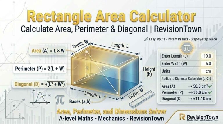 Rectangle area calculator tool showing area, perimeter, diagonal formulas for RevisionTown blog