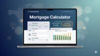 Professional mortgage calculator UI by RevisionTown showing loan inputs, monthly payments, and amortization chart for smart home financing