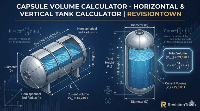 Capsule volume calculator for horizontal and vertical tanks by RevisionTown, showing 3D models with fill levels.