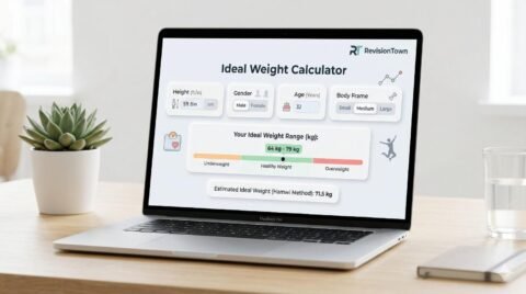 Highly advanced ideal weight calculator dashboard for RevisionTown showing height, age, gender inputs and healthy weight range visualization