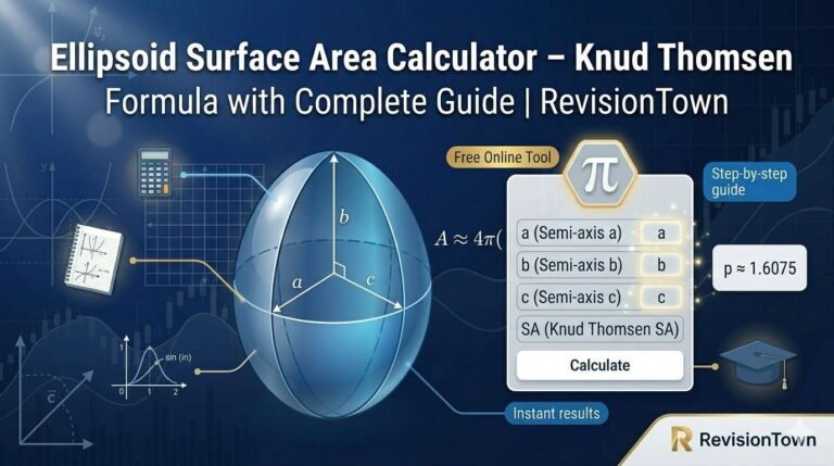 Ellipsoid surface area calculator using Knud Thomsen formula with a, b, c axes and 3D ellipsoid visualization