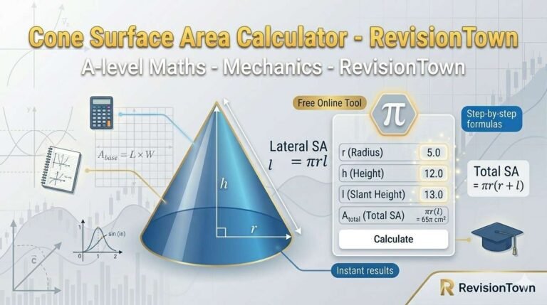 Cone surface area calculator showing 3D cone with radius, height inputs for lateral and total area formulas on RevisionTown online math tool.