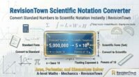 Scientific notation converter interface showing 5000000 converted to 5 × 10⁶ on a calculator screen at RevisionTown