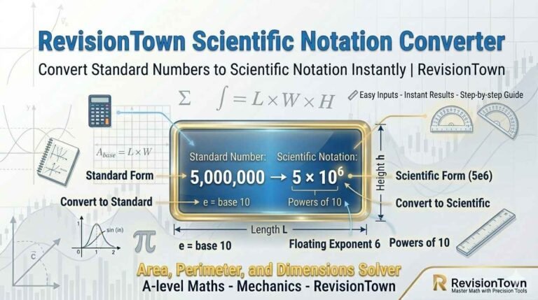 Scientific notation converter interface showing 5000000 converted to 5 × 10⁶ on a calculator screen at RevisionTown